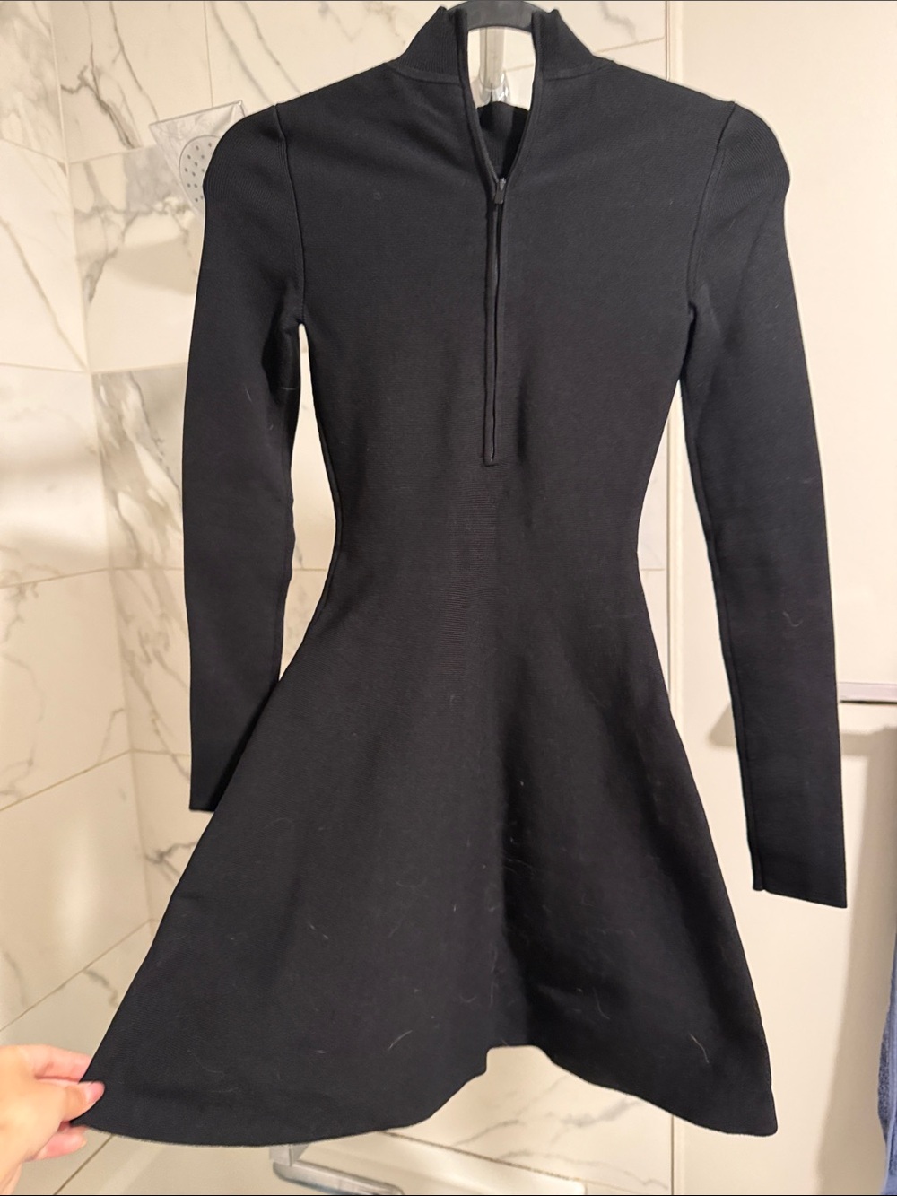 Babaton Black Long-Sleeve Zip-Neck Fit-and-Flare Dress